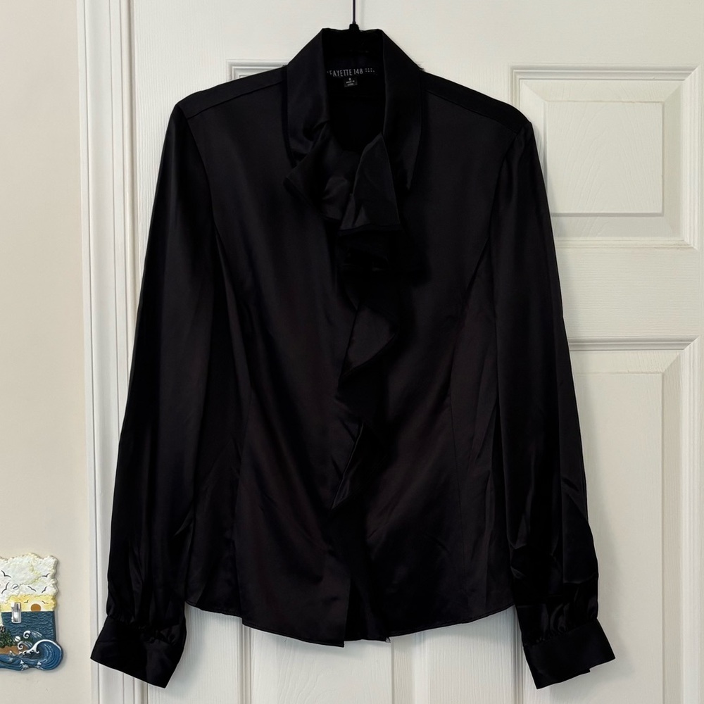 Lafayette 148 100% Silk Button Up Ruffle Front Blouse